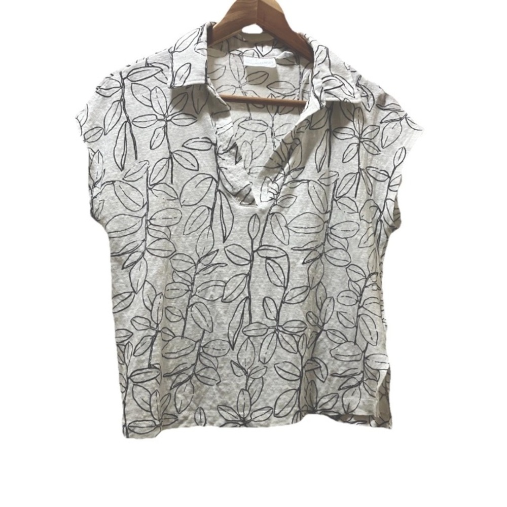 Cynthia Rowley Top Womens Large White Black Leaves 100% Linen Cap Sleeve V Neck